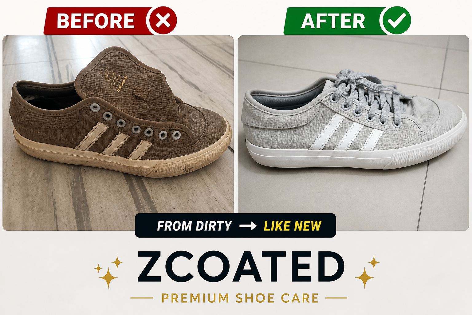 Shoe upper restoration before and after result